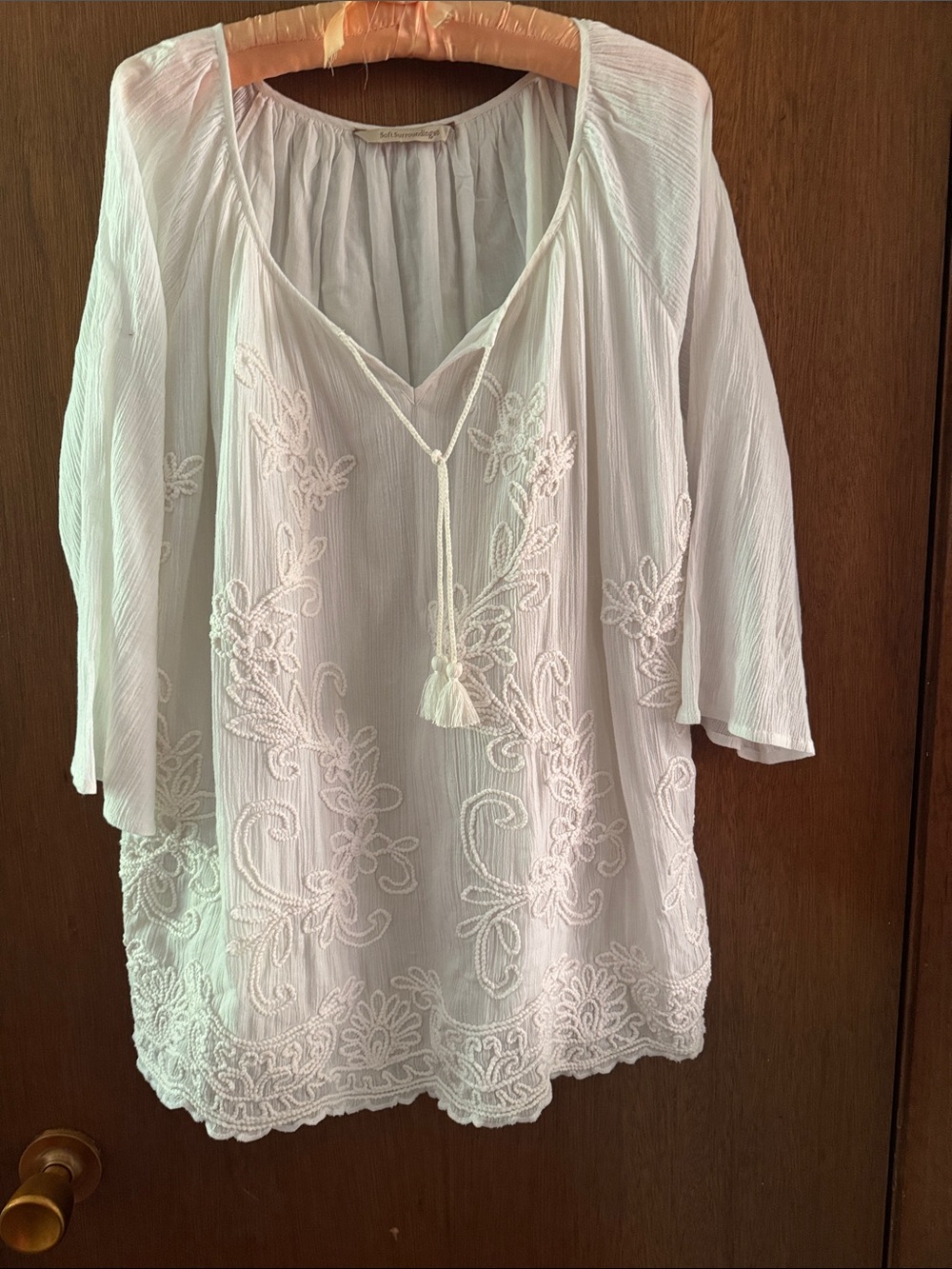 Soft Surroundings Ivory Embroidered V-Neck Tunic with Tassel Tie